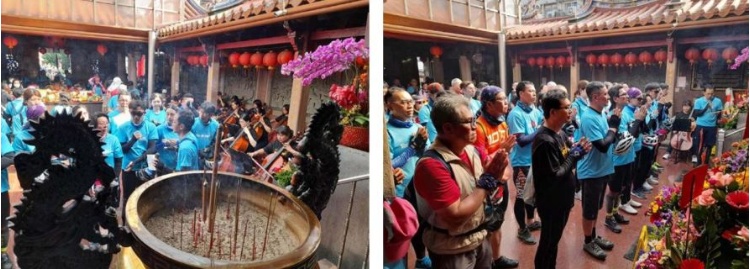 左：捨棄傳統的民間陣頭等儀式。 / 右：以雙手合十代替焚香祈禱。