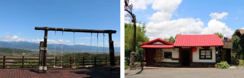 左圖：果園內觀景平台與鞦韆，2020年攝。/ 右圖：張清來起家的觀光果園，現為門票販售處，2020年攝。