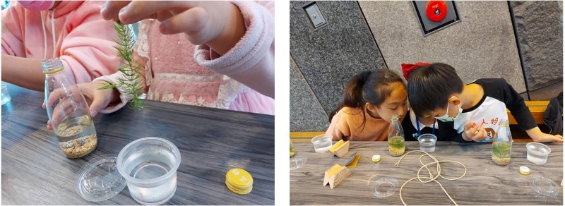 左圖：很多人第一次近距離的觀察水草的樣態。/ 右圖：小朋友非常專注地觀察蝦子動態。