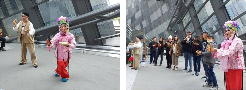 左圖：結頭份社區以本地歌仔說唱宜蘭12鄉鎮特色食材。 / 右圖：結頭份社區與民眾合奏體驗「四塊仔」打擊樂器。