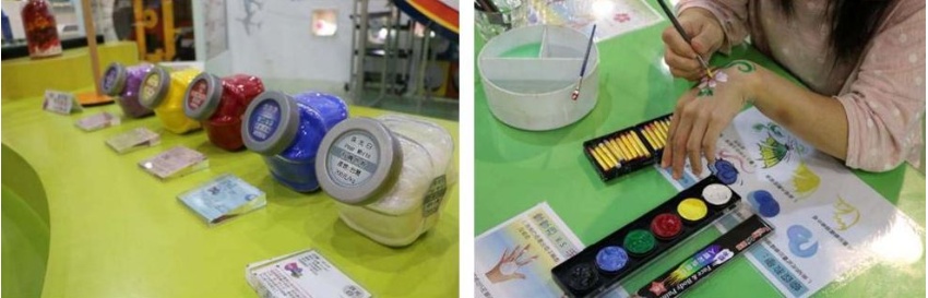 左：有機與無機色粉，2020年攝 / 右：人體彩繪體驗，2020年攝