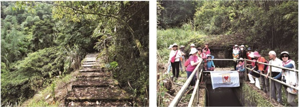 左圖：水圳之行宛如漫走棧道之奇。右圖：走讀歷史空間社及文化資產保育隊團巡活動就從 1 號進水口起程。（皆為陳財發提供）