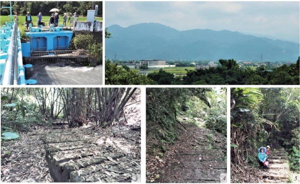 左上：天送埤發電廠尾水流經月眉湖地段時興建攔水閘門。飽覽大光明圳沿途景觀就從這裡開始。右上：從5號經6號到7號隧道進水口的圳路景觀，沿途可以眺望阿里史聚落多樣的農村風貌。左下：穿梭於竹林間的水路。中下：山野魅力的大光明圳路徑，深具輕旅行的悠閒氛圍。右下：山間水圳留影是美好的印記。（以上皆為陳財發提供）