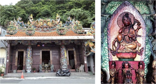 上圖：座落在南方澳南建里內埤路 146 號的城隍廟。 / 下圖： 第一番號來自「青岸渡寺」的「如意輪觀音」。 代表著是日本紀尹半島南端的那智山御本尊。 菩薩採自在坐，高髮髻具足六臂，皆戴腕鐲。 如意輪觀音以其六支手臂，來代表對於地獄、 餓鬼、畜牲、天、人、阿修羅等六道眾生的護 念。（皆為陳財發提供）