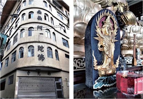 上圖：座落在南方澳南興里華山巷七巷 22 之 1 號的南光寺大廈。/ 下圖： 歷經顛沛流離的石觀音被重拾發現時，其基座早就無翼而飛了，致使屬於西國三十三觀音靈場的 幾番號及宗寺變成謎題，若就神像推測較似「聖觀音」。（皆為林麗貞提供）