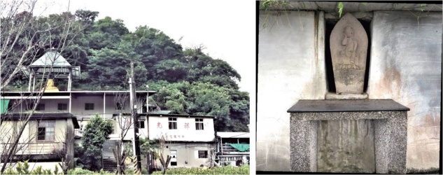 左圖：座落在蘇澳鎮永光里長安西巷28號的祥光寺。/ 右圖： 基座字樣模糊，隱約看出中間「ヤマト岡寺」，左刻「第 七番」，右刻「二臂如意輪觀音」。（皆為陳財發提供）