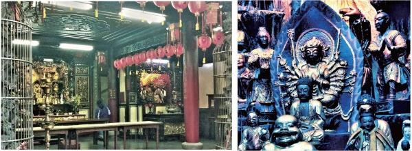 上圖：石觀音奉祀於震安宮後殿一樓觀音殿內。/ 下圖： 基座銘記「第十一番ヤマシロ醍醐寺準提觀世音」。全身塗滿金漆，背座塗以紅色火焰式圖案，顯得光鮮亮麗。（皆為林麗貞提供）