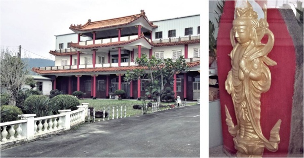 上圖：位於員山鄉榮光路257巷2號的普照寺。下圖：這尊無銘記的石觀音本來放置大門入口左側的景觀區內，後又移置亭子旁，現在已遷移到室內在大雄寶殿最左側殿內，卻隨意放在牆邊地上，處境略顯淒涼。（皆為陳財發提供）