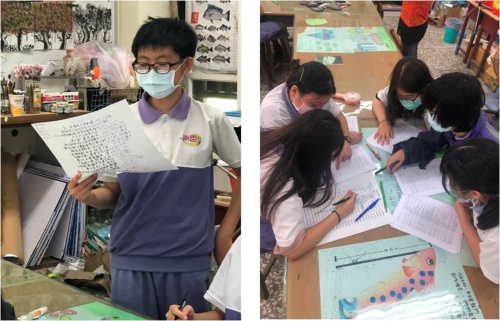 左圖：在一連串討論後，學生發表自己的想法。 / 右圖：課程採分組討論的方式進行，每位同學都可以參與其中。