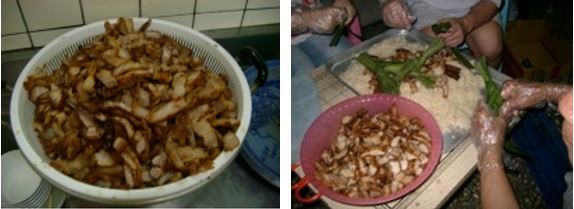 左：切成小片的鹹豬肉 / 右：qadibunbun裝餡