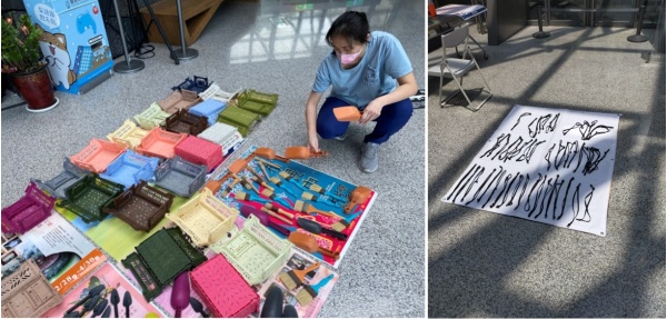 左圖：大家將平時不會打掃的考古廳工具盒一併清潔整理。/ 右圖：語音導覽機上面的掛繩也需要清潔曬陽光。