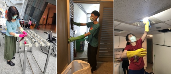 左圖：大廳傘架也仔細的清理。/ 中圖：清理烏石港驛站的牆面。/ 右圖：清潔的重點放在負責票務與諮詢的服務台及烏石港驛站。