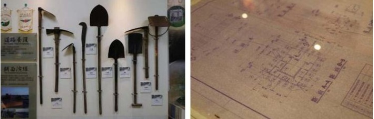 左：美援的人力闢路工具,2020年攝。 / 右：手工繪製的道路建造藍圖,2020年攝。