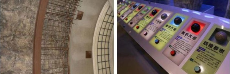 左：隧道岩壁需要鋼筋與水泥多重支撐,2020年攝。 / 右：後山公路種類豐富的岩石,2020年攝。