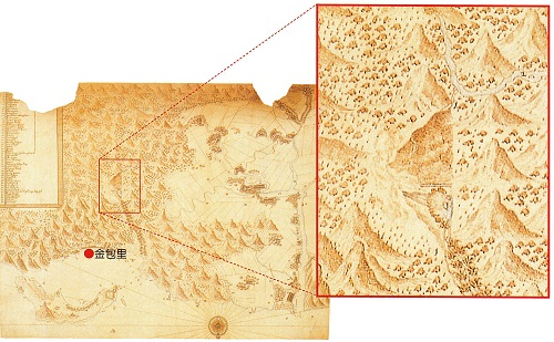 荷蘭人占領台灣北部時曾打算從淡水經基隆，走陸路進入蘭陽平原，但路途之艱辛，讓他們到了三貂社便放棄了。1654年，荷蘭人佔領台北部後繪製這張地圖，塗上紅色框內有一座既滑溜又陡峭的perrabouanu山(在今基隆的獅球嶺附近的山區)是當時從淡水到基隆途中相當艱險的一段路。