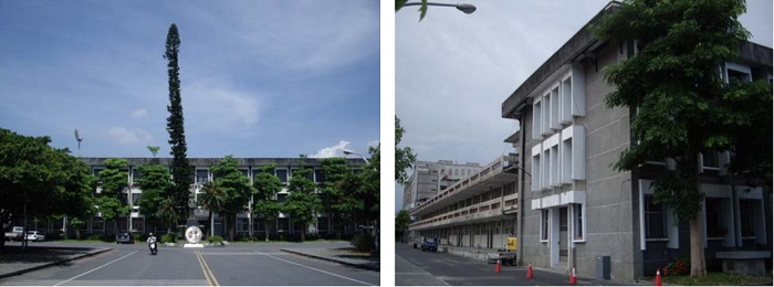 左圖：宜蘭大學拆除前的行政大樓。攝於2007年7月5日 / 右圖：拆除前的教學大樓。攝於2007年8月4日