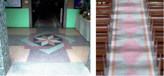 左圖：入口廊道八角型花紋 / 右圖：中殿菱形花紋