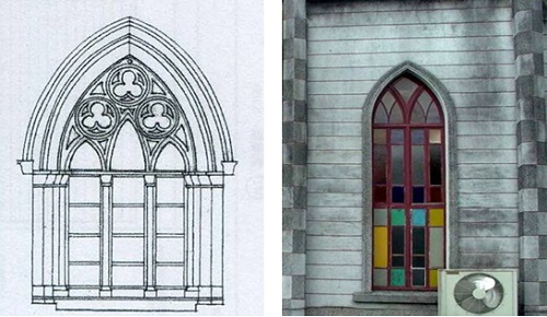 左圖：歌德式教堂常用幾何開窗型式 / 右圖：聖母升天堂的窗戶