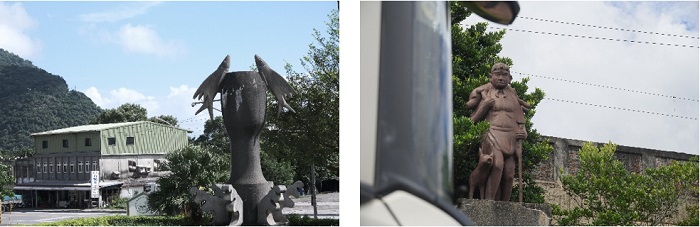 左圖：東澳車站前的杵臼與飛魚雕刻 / 右圖：車站左側的獵人、狗與山豬雕刻