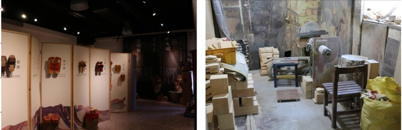 左圖：白米木屐館二樓常態展示區，2020年攝。 / 右圖：白米木屐館一樓木屐製作區，2020年攝。