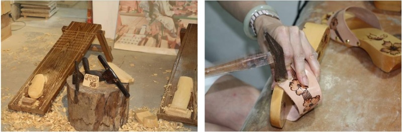 左圖：傳統製作木屐的工作台，2020年攝。 / 右圖：將製作完成的鞋底用鉚釘固定皮面，2020年攝。