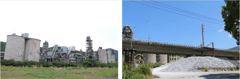 左圖：台灣水泥的品牌水泥工廠群，2020年攝。 /  右圖：公路下的石灰石加工廠，2020年攝。