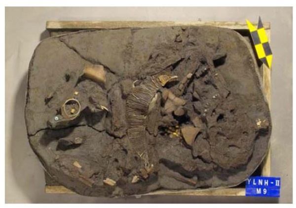 墓葬II-M9 出土安平壺，被魚形金屬編物覆蓋，保存於墓葬中。