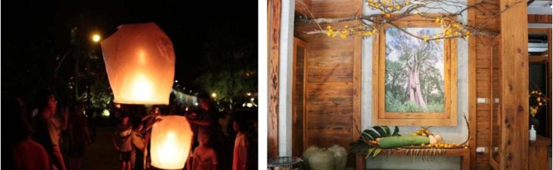 左圖：夜晚施放天燈的活動，2020年攝。/ 右圖：松羅館以紅檜為設計主體，2020年攝。