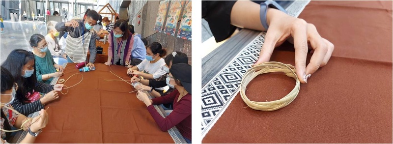 左圖：陳明仁工藝師教授民眾籐環製作。/ 右圖：籐環體驗成品。