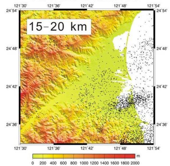 圖5 1992-2006發生在宜蘭平原之地震震央分佈圖。上圖為深度0-10公里的地震，中圖為10-15公里的地震，下圖為1520公里的地震