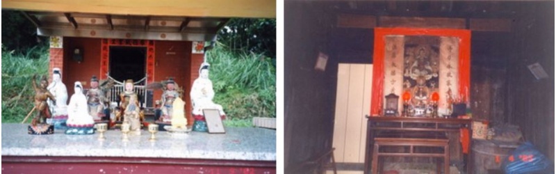 左：山上居民的信仰-土地公廟裡，眾神雲集 / 右：每家都供奉阿公婆牌