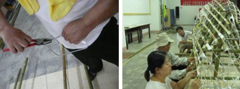 左：異於往年全用鐵絲打照骨架，今年顧及環保與成本，盡量使用竹條與主架構的粗鐵絲結合(吳文明 攝) / 右：老師對每個環節的曲線及比例都非常講究，正在拗出魚尾關節 (潘佑升 攝)