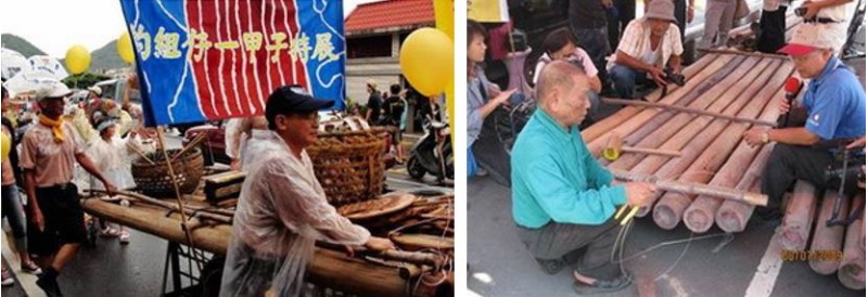 左：在南方澳消失近二十年的釣槽仔漁法，因拍攝紀錄片而重新製作竹筏及漁槳、漁具，並努力蒐集到早期使用的竹簍，讓獨步全球半世紀的漁法重溫鯖魚豐收的光榮(許浩倫 攝) / 右：耆老用鐵絲纏繞做竹筏的同時，南安國小退休老師賴耀宗邊於一旁解說