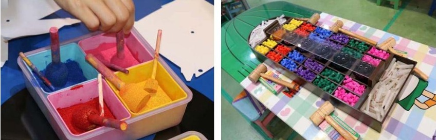 左：玩色工坊利用紙風車練習海綿繪畫技巧，2020年攝 / 右：手工製作彩色筆的工具，2020年攝