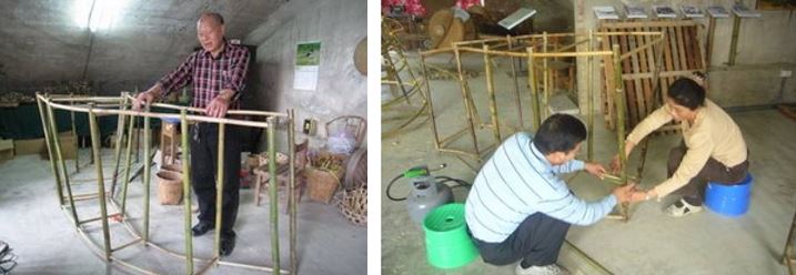 將外殼堅硬、內質易脆的竹材彎折、定形中