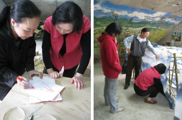 左：針對設計圖討論中  / 右：裁縫燈罩尺寸中