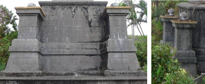 林曹祖宗之墓碑座正面（左）與角隅柱體（右）。