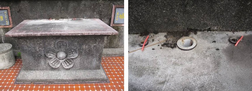 林曹祖宗之墓頂埕之墓桌（左），以電瓷礙子倒置充作墓桌上之香爐與燭台（右）。