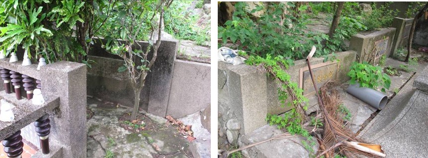 兩側緩坡平台前緣檔土矮牆，左側嵌有「墓園題匾芳名」（左），右側嵌有「詹純鑑」、「盧祖澤」與「羅文堂、許國文」之題匾。
