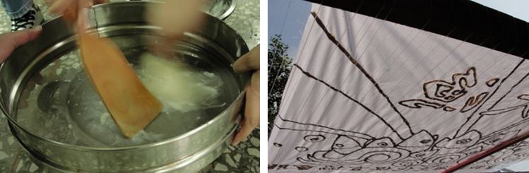 左：要把煮好的糯米糊過篩練到很細緻這件事非常的耗費力氣，不過也是體驗製做大漁旗不容錯過的步驟 (許浩倫 攝) / 右：上完糯米糊正在晾乾中的半成品 (許浩倫 攝)