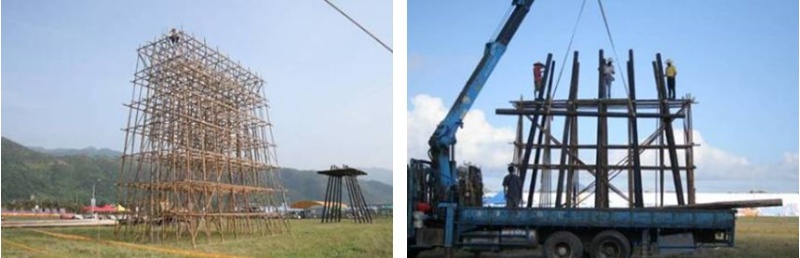 左：飯棚搭設 / 右：孤棚假設工程