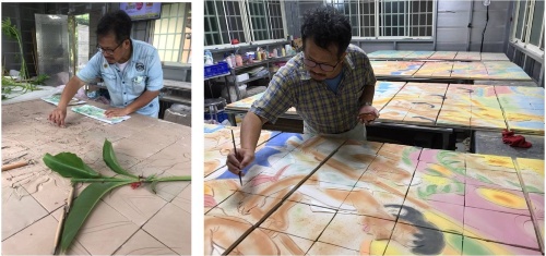 左圖：陳世強陶板刻繪創作情形。/ 右圖：陶板釉彩描繪情形。(陳世強提供)