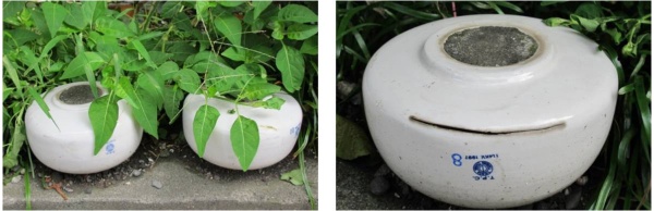 頭城和平老街上處處可見以添大興業製造之高壓電瓷礙子為植栽容器，此為陳春記旁之花圃，其礙子上標註的製造日期為1997年。