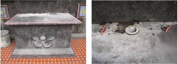 林曹祖宗之墓供桌上之香爐與燭台，是將陶瓷絕緣礙子反過來運用。