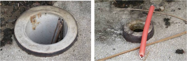 左圖：林曹祖宗之墓供桌上之香爐。/ 右圖：林曹祖宗之墓供桌上之燭台。