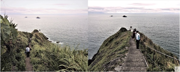 左圖：每逢4~5 月間，步道周遭山坡地 正是野百合花盛開的季節。/ 右圖：越接近燈塔，步道越險峻。（皆為陳財發提供）