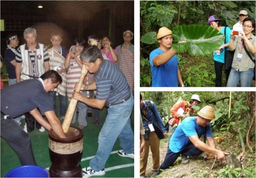 左圖：參與樂水部落最重要的豐收慶典。/ 右上圖：牧師深入解釋獵人隨著各項動植物的特性。/ 右下圖：傳授荒野求生的各項生存技巧。