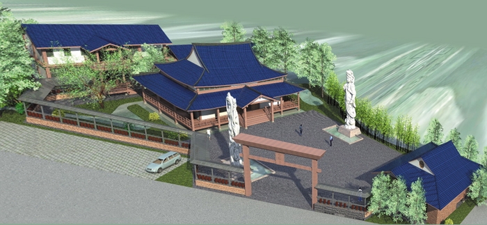 即將興建之三寶聖境示意圖，中央大殿將供奉文化故物“北后寺泥塑大佛”，最左方二層建築為寮房，右下方建築為藝文中心，全區兼顧宗教、文化、教育功能