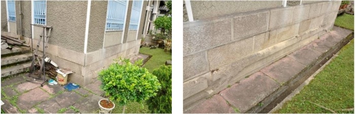 左圖：故宅正面與側面間之高程差。/右圖：臺基上之櫃檯腳與鑿面石板。