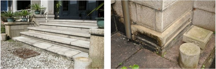 左圖：第一階樓梯亦採用櫃檯腳。/右圖：正立面轉折處的櫃檯腳做法。